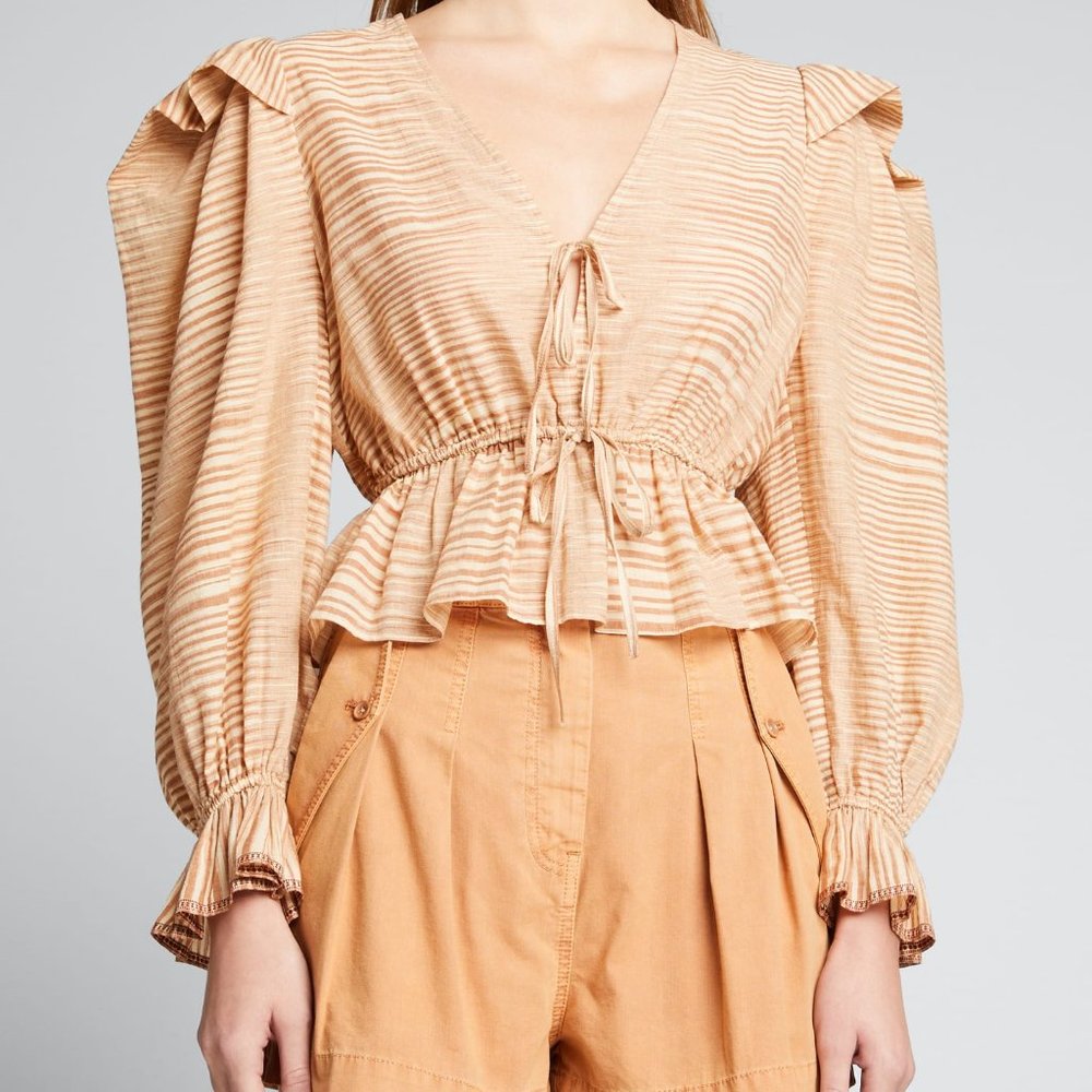 Ulla Johnson Ophelia striped cotton-voile peplum Blouse in Fawn beige Size 4 NWT - Picture 7 of 8